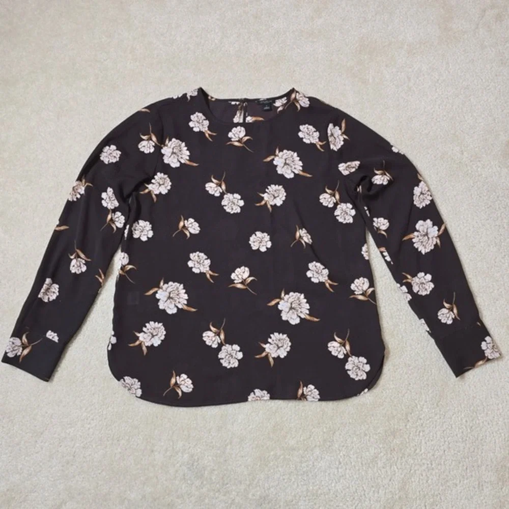 Ann Taylor Factory Chocolate Brown Floral Long Sleeve Blouse Keyhole Back Small - Picture 4 of 7